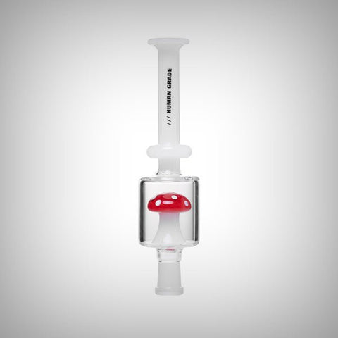 ALT Text: Human Grade mushroom nectar collector in blue glass with stainless steel tip
