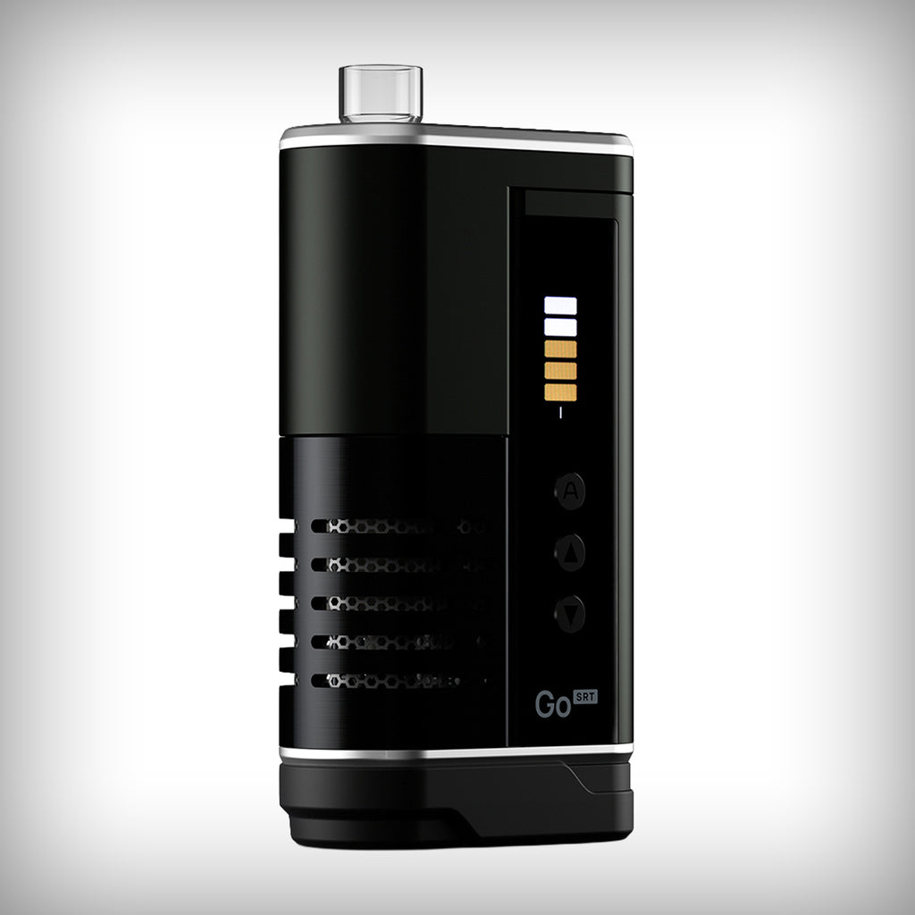 Angled front view of black Arizer Go SRT vaporizer with glass mouthpiece and active display