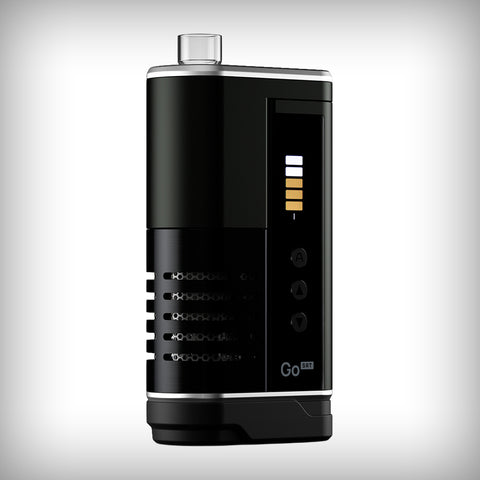 Angled front view of black Arizer Go SRT vaporizer with glass mouthpiece and active display