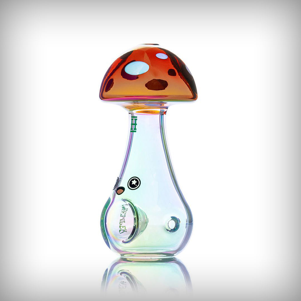 Angled view of HEMPER Trippy Shroom hand pipe showing the glass bowl and iridescent finish