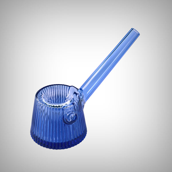 Angled view of blue NWTN Home Deco Hand Pipe with fluted bowl and stem