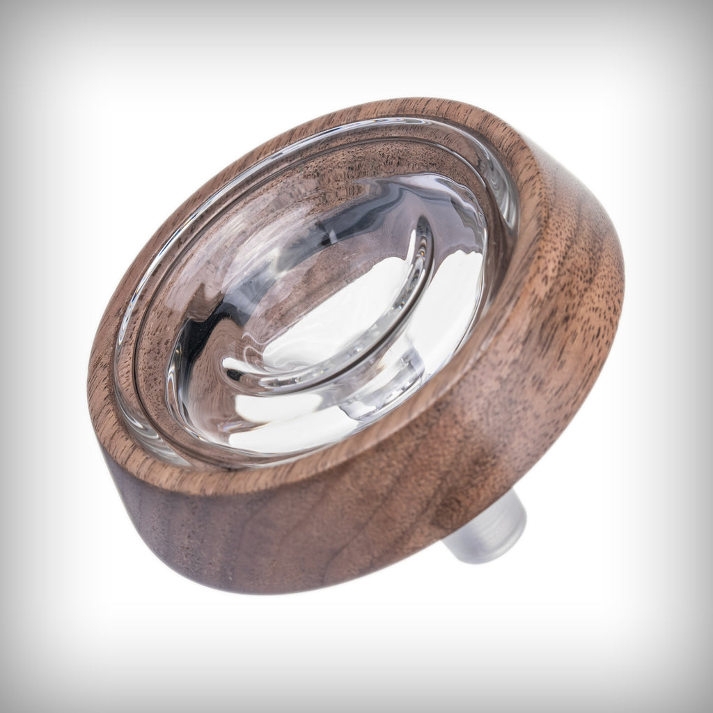 Angled view of the MJ Arsenal Altitude wood-accented circular glass component