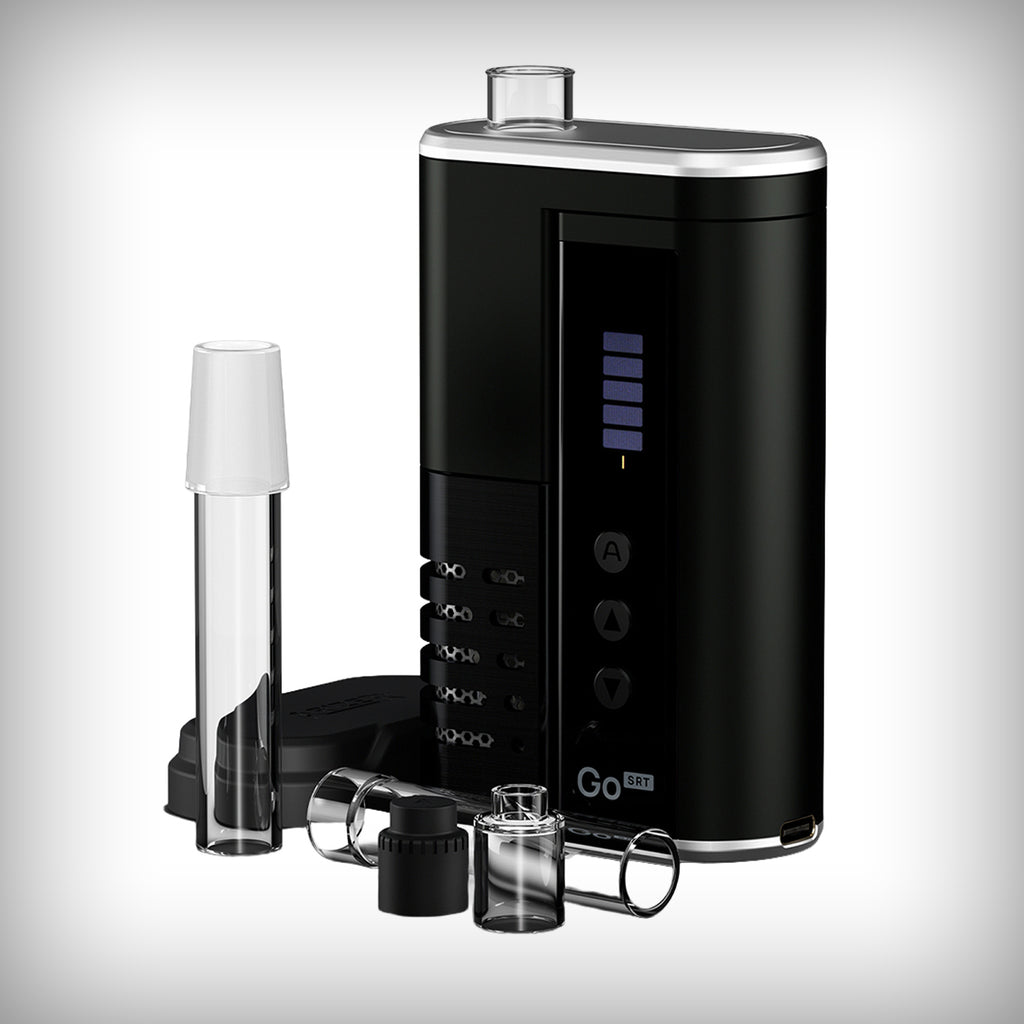 Arizer Go SRT black vaporizer shown with glass tube and included accessories