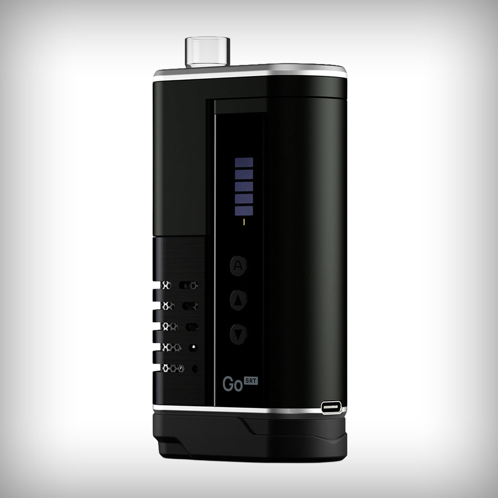 Arizer Go SRT portable vaporizer in black with glass mouthpiece and illuminated display