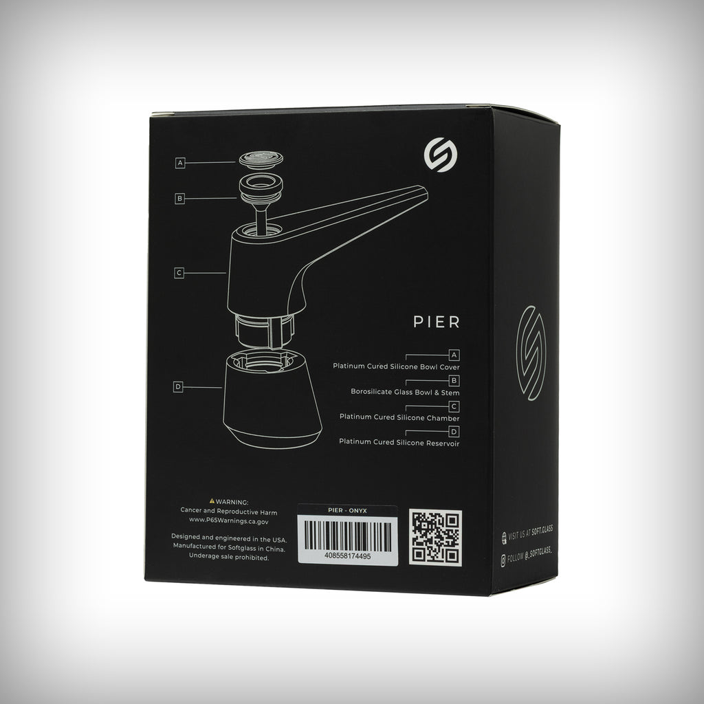 Back of Softglass Pier Bubbler retail packaging with product diagram
