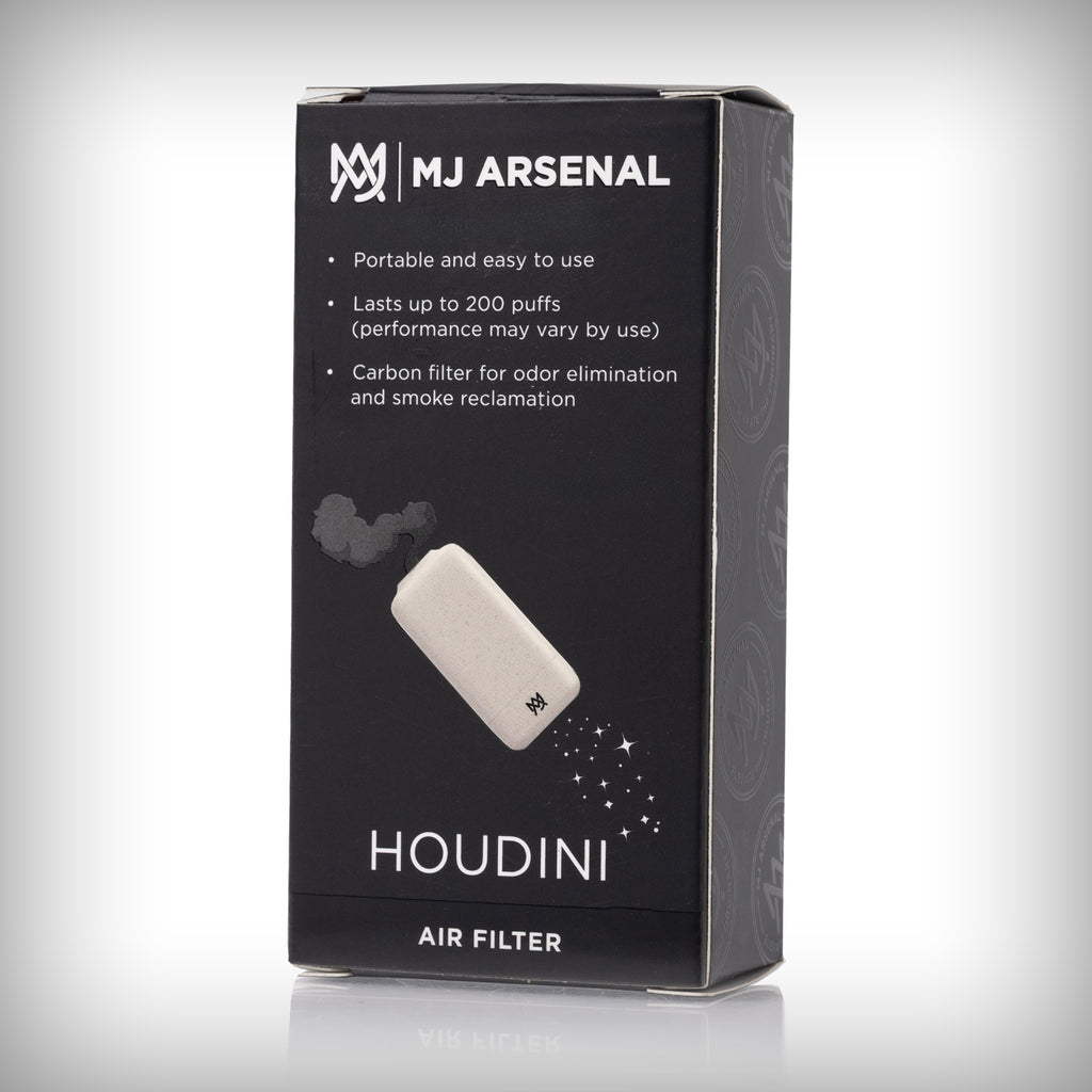 Back of black MJ Arsenal Houdini filter packaging with product illustration