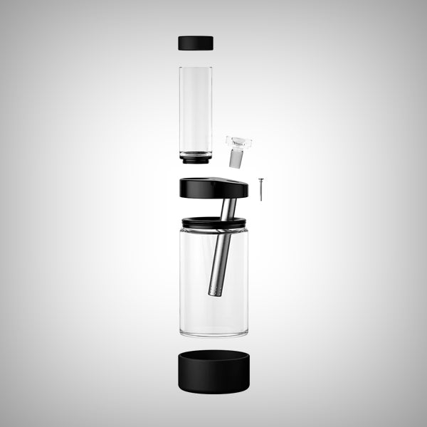 Black Honest Capsule Water Pipe shown disassembled into modular components