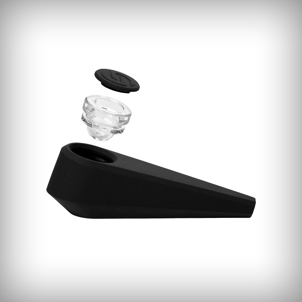 Black Softglass Token Hand Pipe with removable glass bowl and silicone bowl cover separated