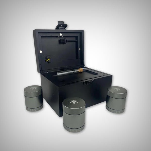 Black bamboo smell proof stash box with rolling tray and storage compartments