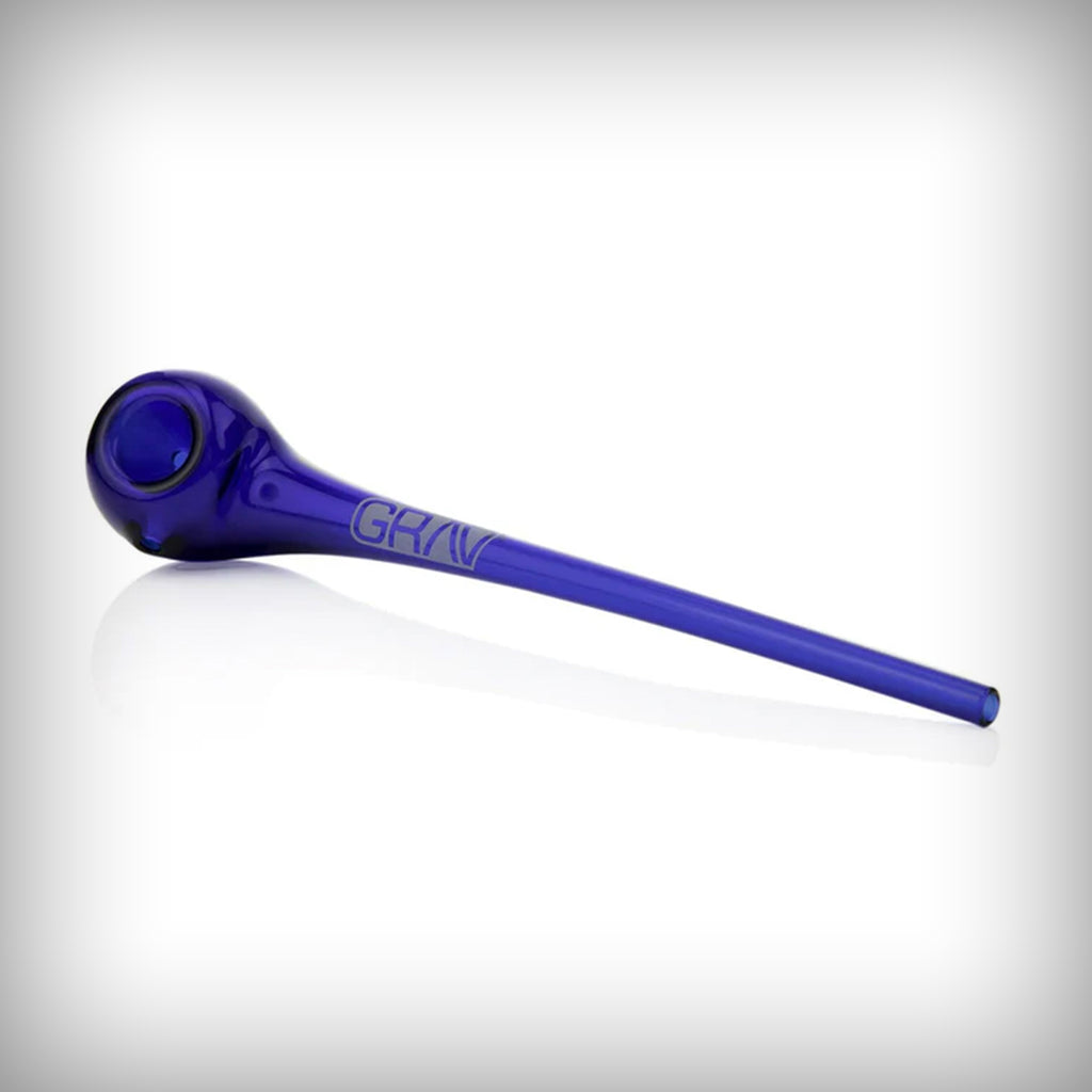 Blue GRAV Gandalf Glass Pipe with long stem shown in full side profile