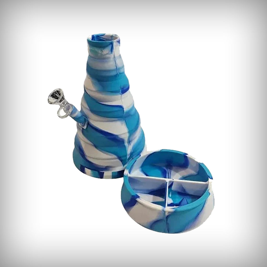 Blue Wolf Grinders Collapsing Water Pipe shown expanded beside its collapsed base section