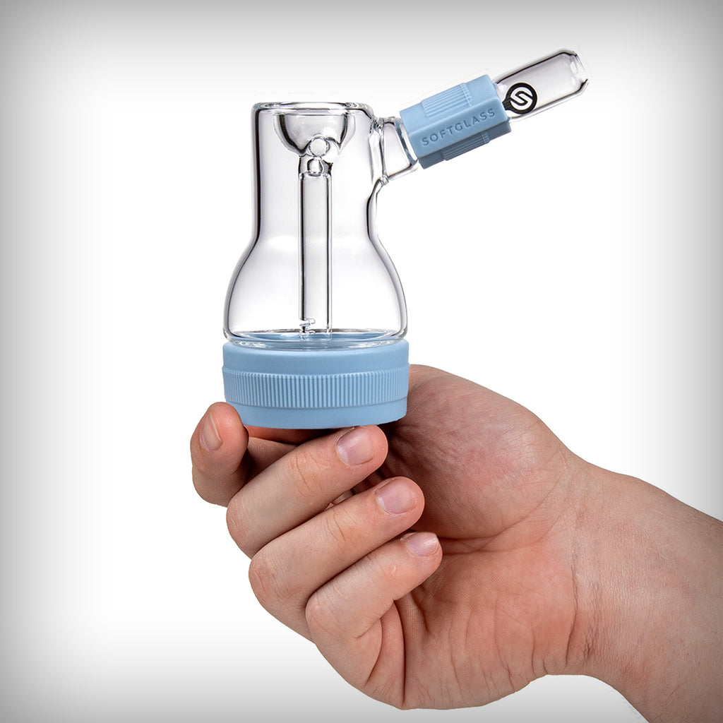 Cerulean Softglass Core Bubbler held in hand showing compact size