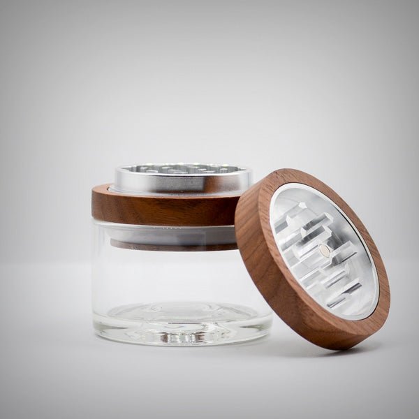 Cirrus Glass Grinder with borosilicate glass base and walnut lid