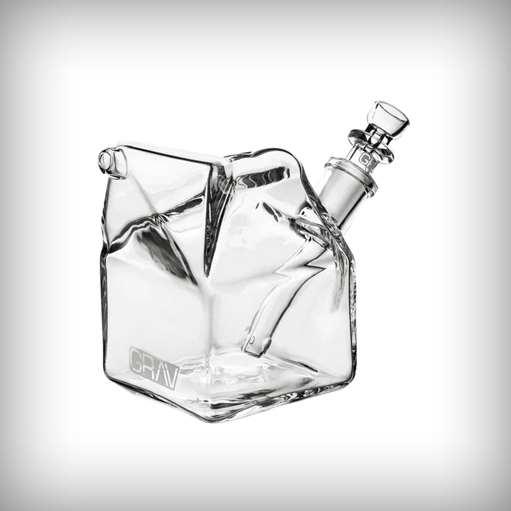 Clear GRAV Milk Carton Pocket Bubbler angled view with 10mm cup bowl