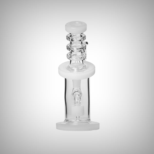 Clear Human Grade Bent Neck Dab Rig with white accents from front