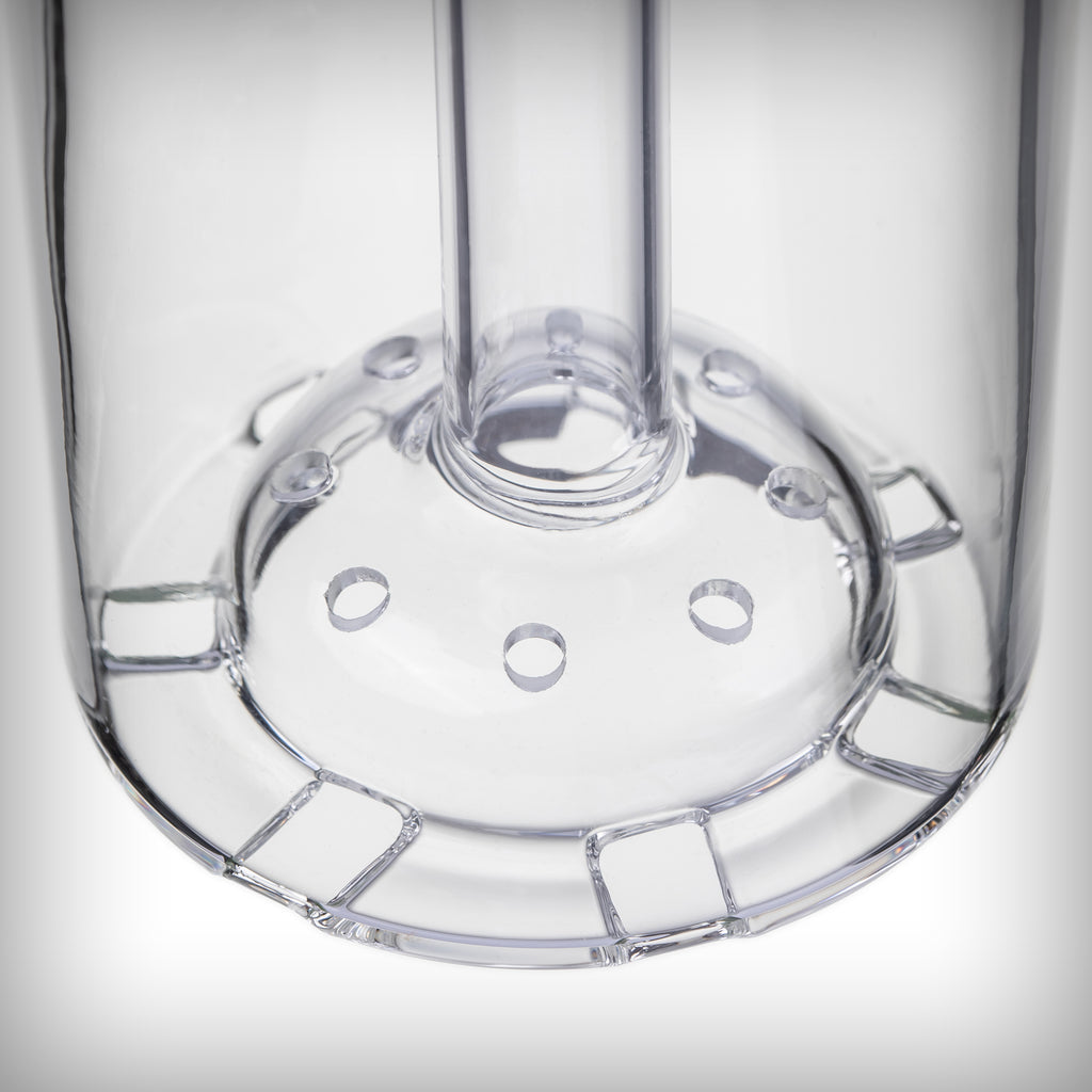 Close-up inside the Altitude Gravity Bong glass chamber showing the circular percolator with multiple openings