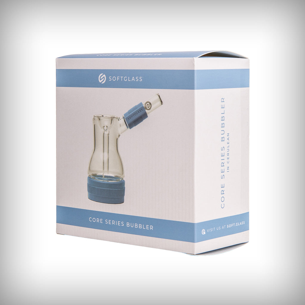 Close-up of Cerulean Softglass Core Bubbler silicone foot and glass base box