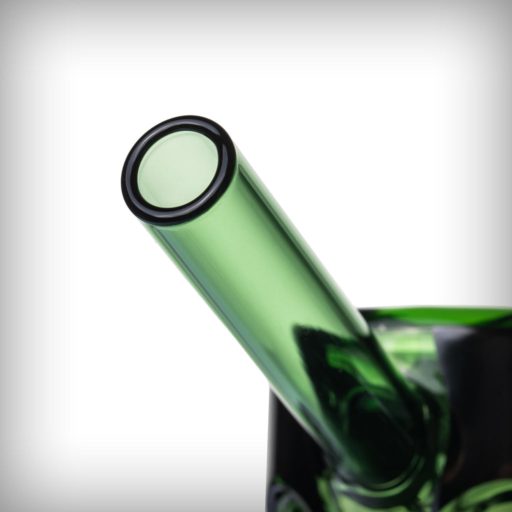 Close-up of MJ Arsenal Frankenbubbler green glass stem opening