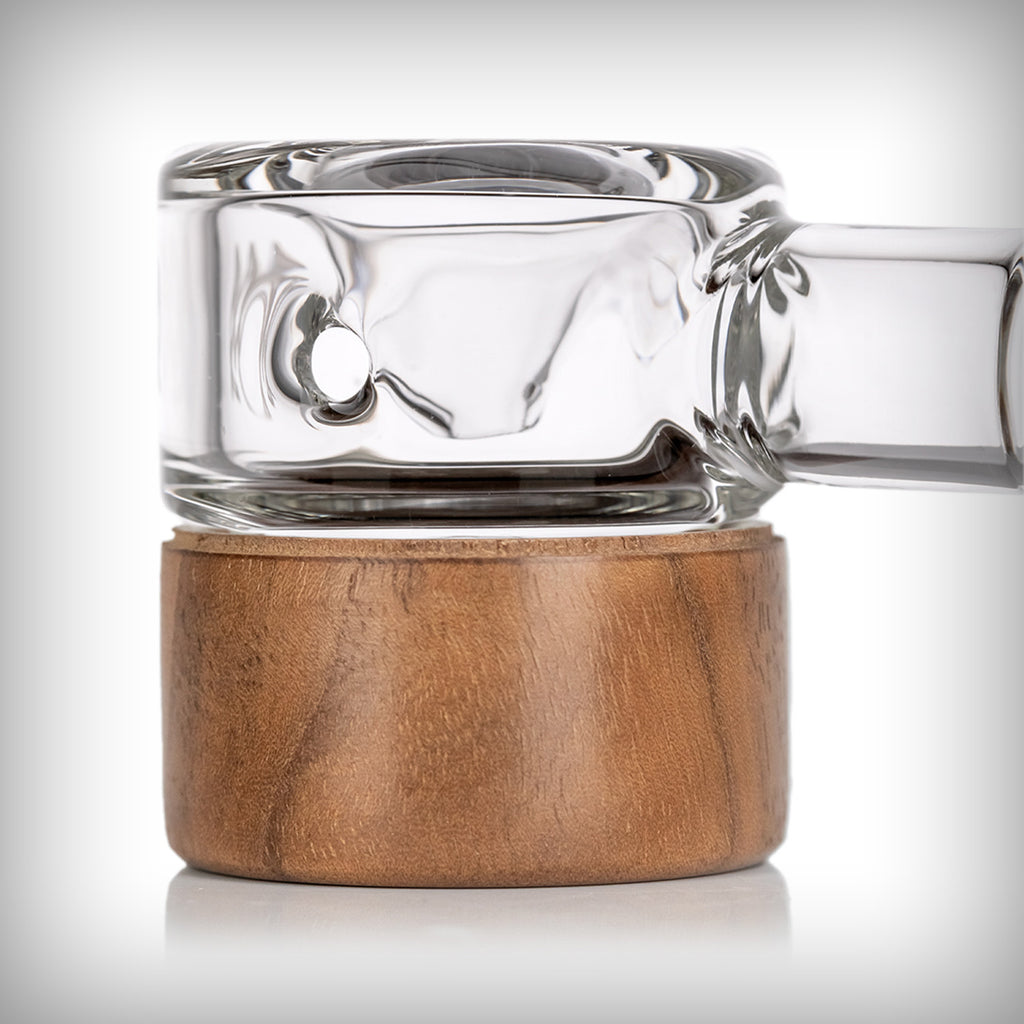 Close-up of MJ Arsenal Granby Hand Pipe glass bowl and black walnut base