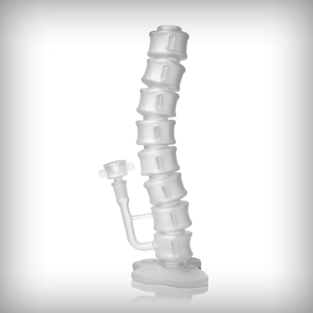 Close-up of the sculpted frosted glass base of the MJ Arsenal Skele-Tube