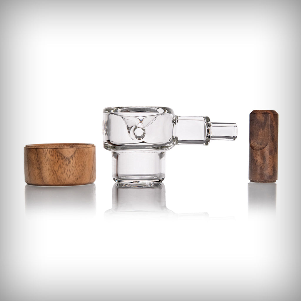Close-up side view of MJ Arsenal Granby Hand Pipe glass body and walnut base