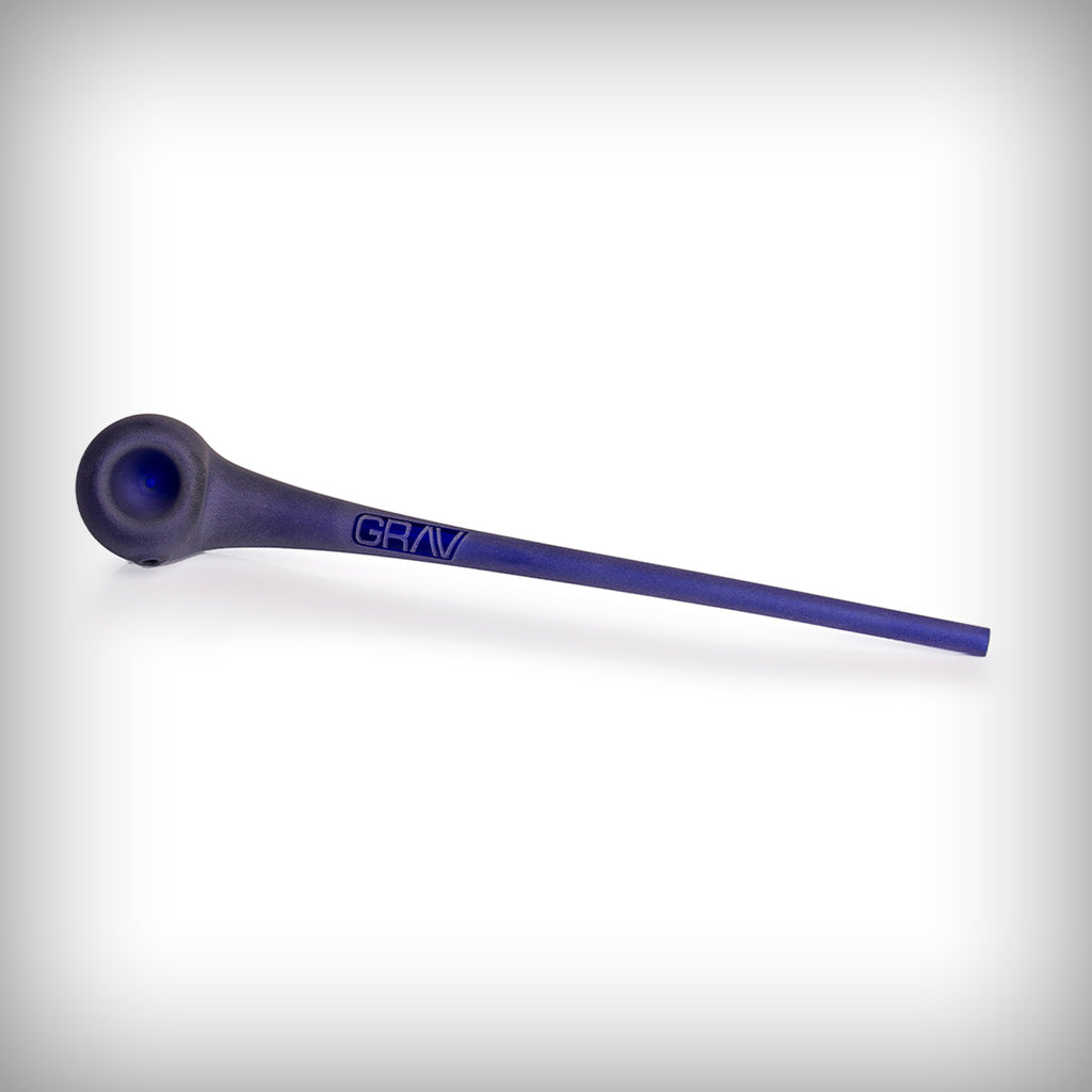 Cobalt GRAV Sandblasted Gandalf glass pipe shown in side profile