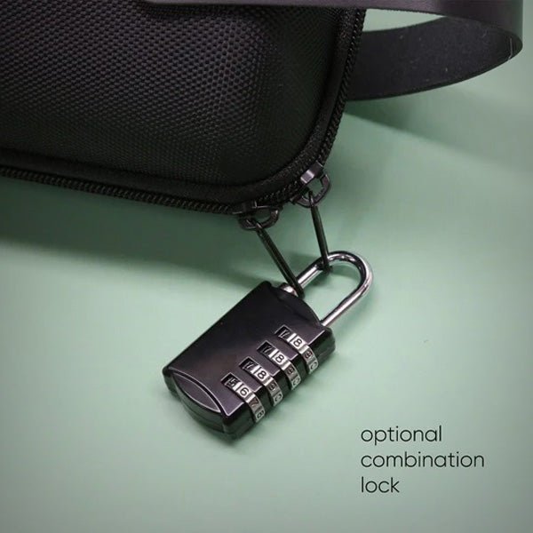 Combination lock secured to the Honest Capsule Carry Case zipper