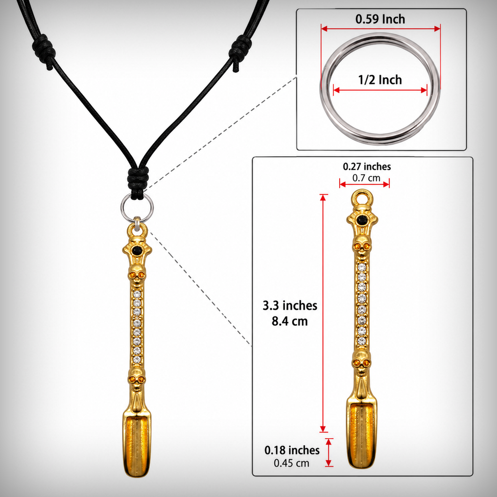 Digger Pendant Necklace size guide showing pendant and stainless steel split ring dimensions