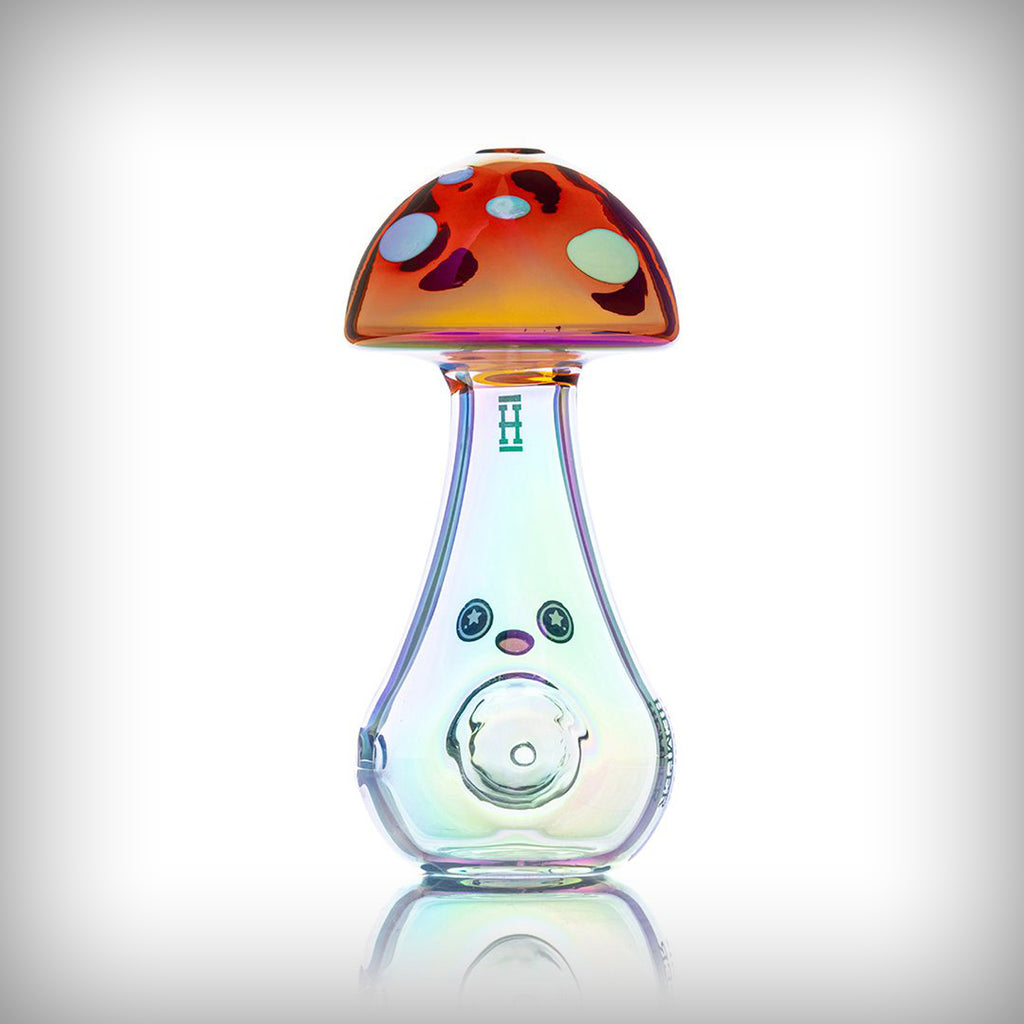 EMPER Trippy Shroom glass hand pipe showing the side carb opening and mushroom cap smoking marijuana