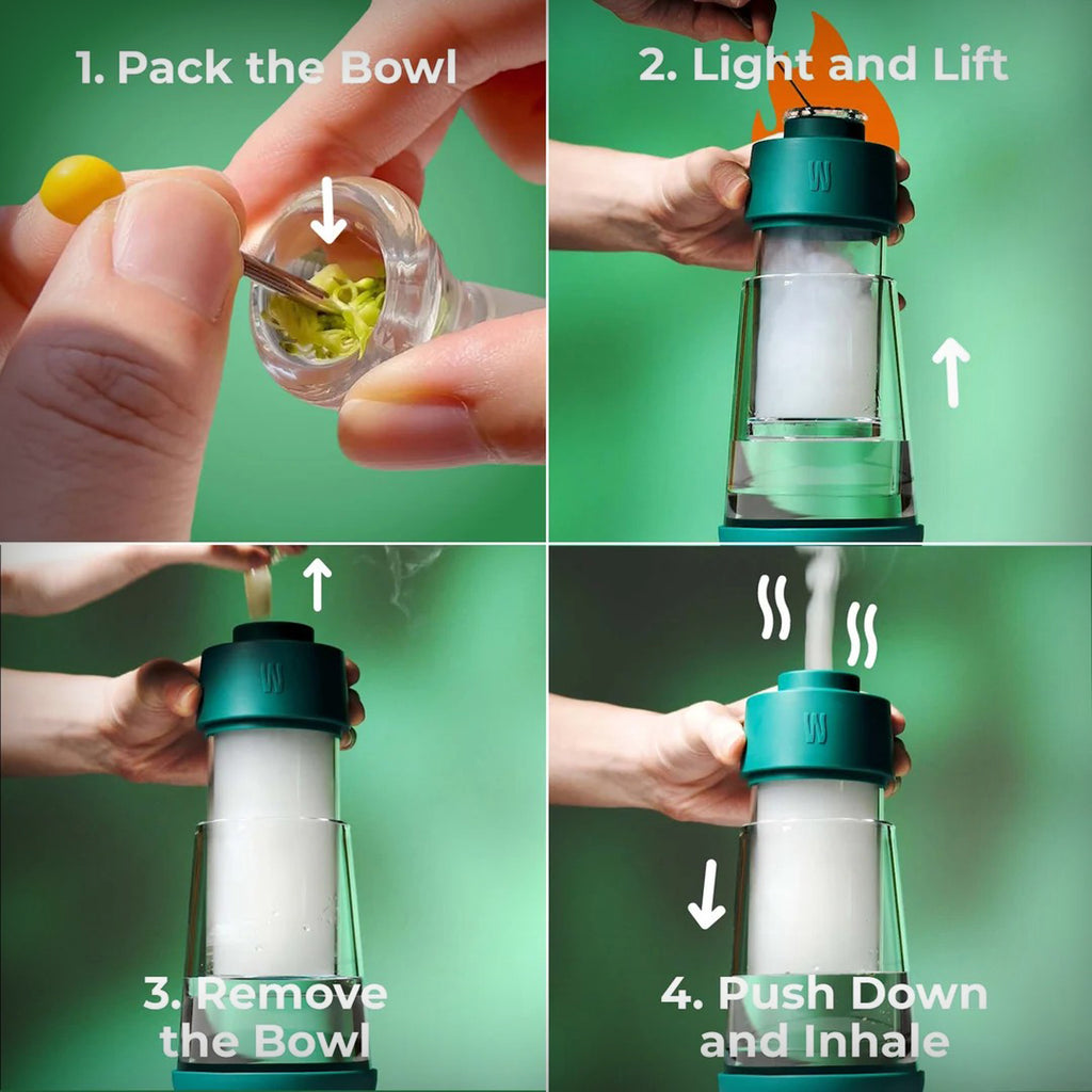 Four-step tutorial showing how to use the Weday Forest Gravity Bong