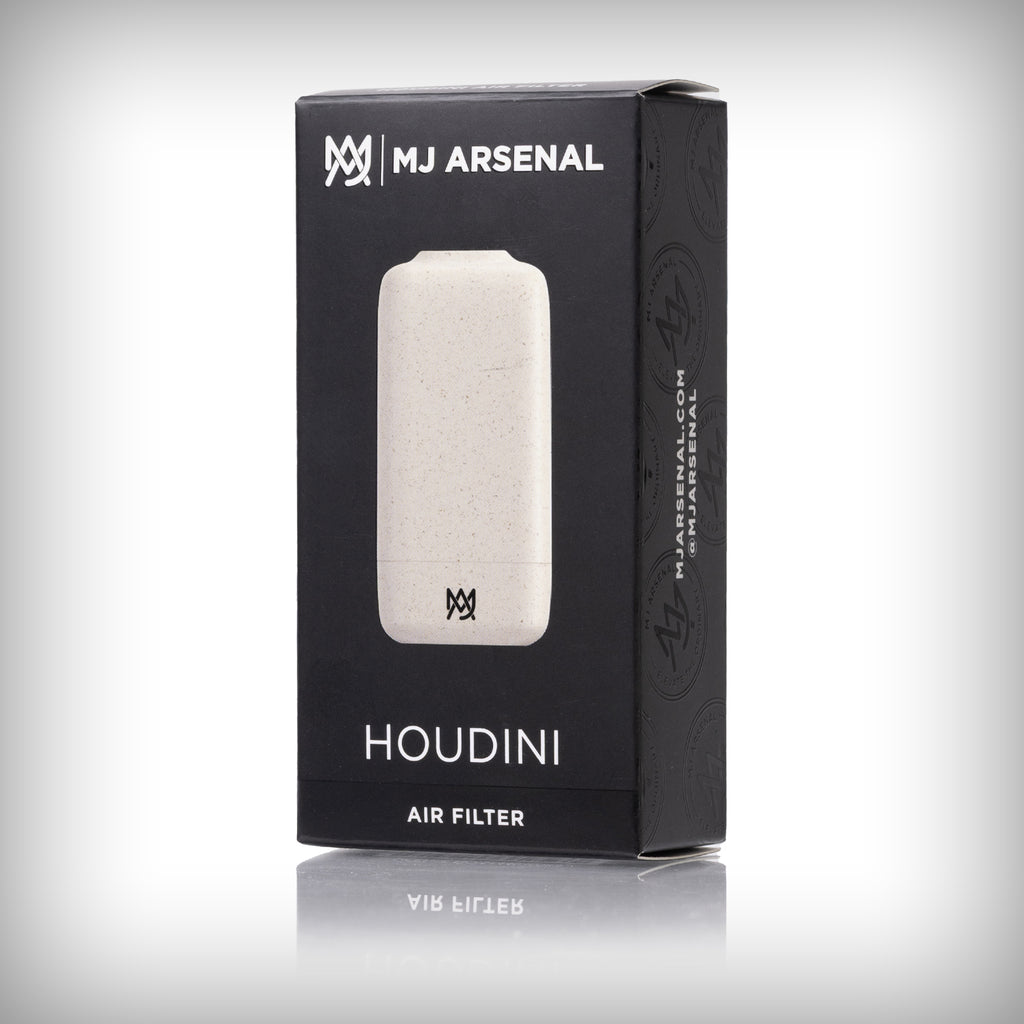 Front of MJ Arsenal Houdini smoke filter retail packaging
