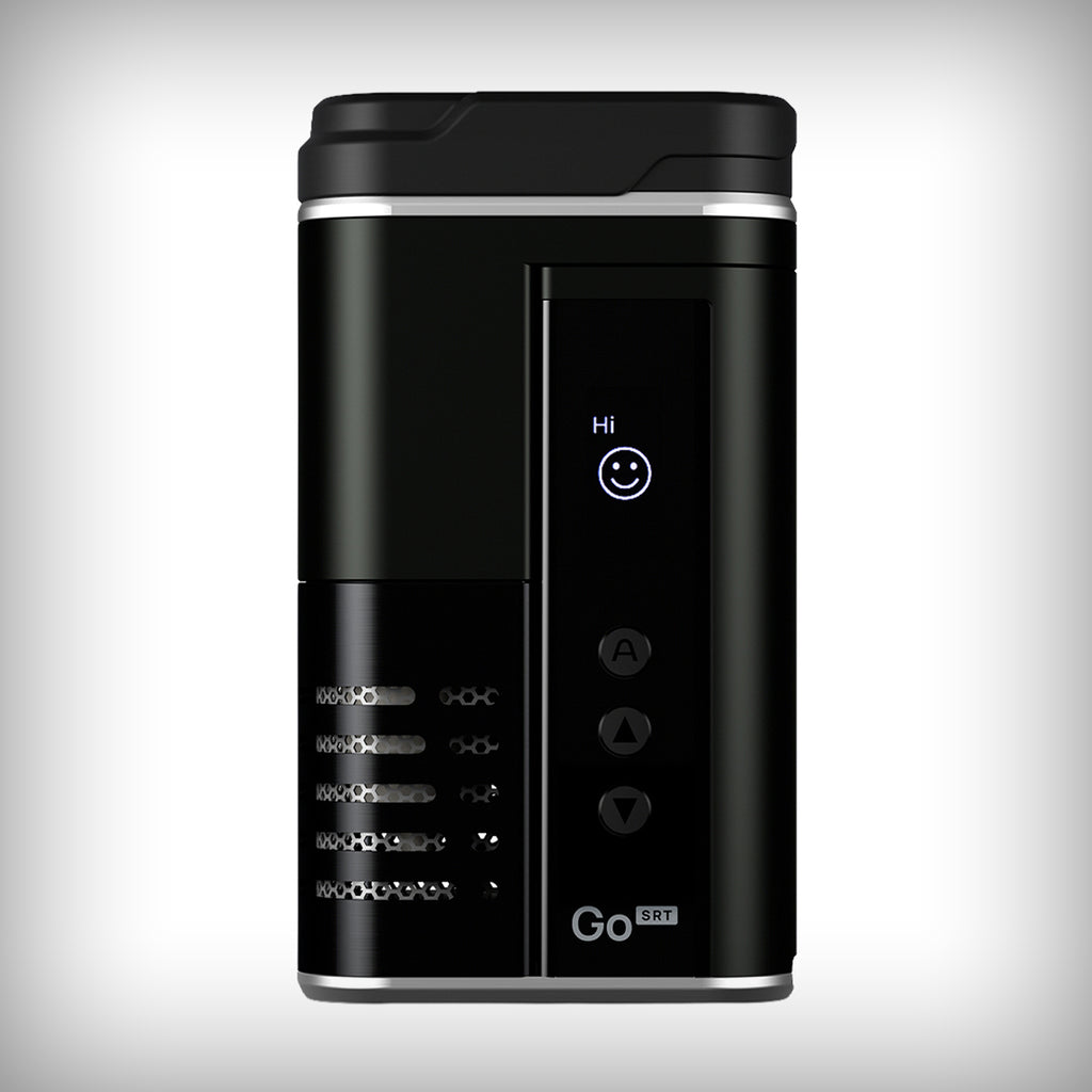 Front view of black Arizer Go SRT vaporizer showing display and control buttons