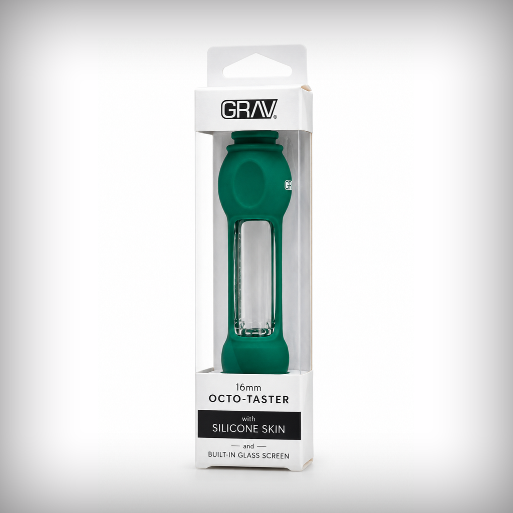 GRAV 16mm OctoTaster with teal silicone skin in retail packaging