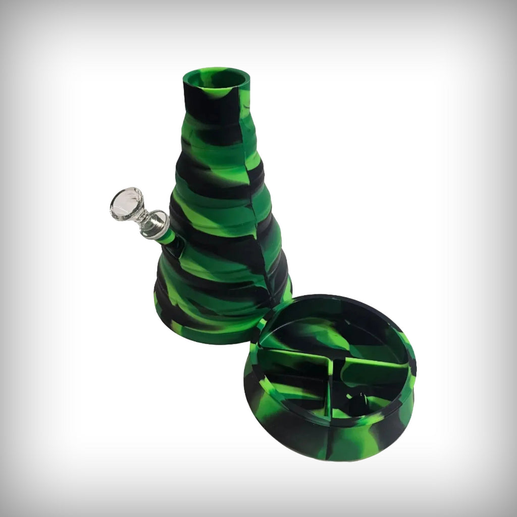 Green Wolf Grinders Collapsing Water Pipe shown expanded beside its collapsed base section