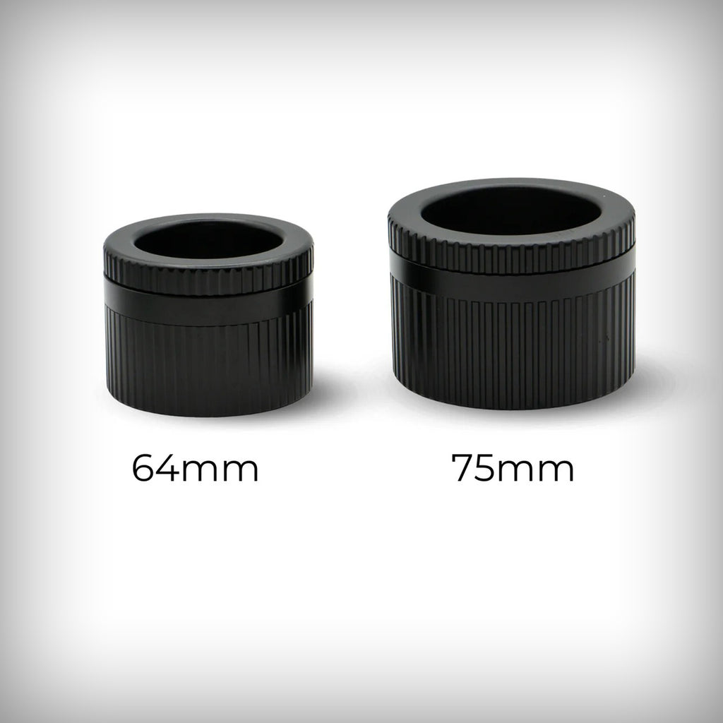 Grynder 360 black grinders comparing 64mm and 75mm sizes