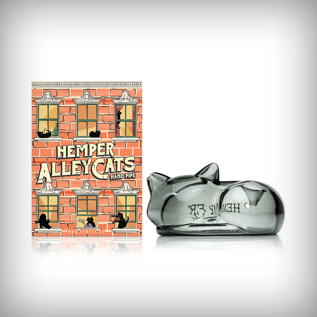 HEMPER Alley Cats glass hand pipe in Smoke, side view with HEMPER logo visible
