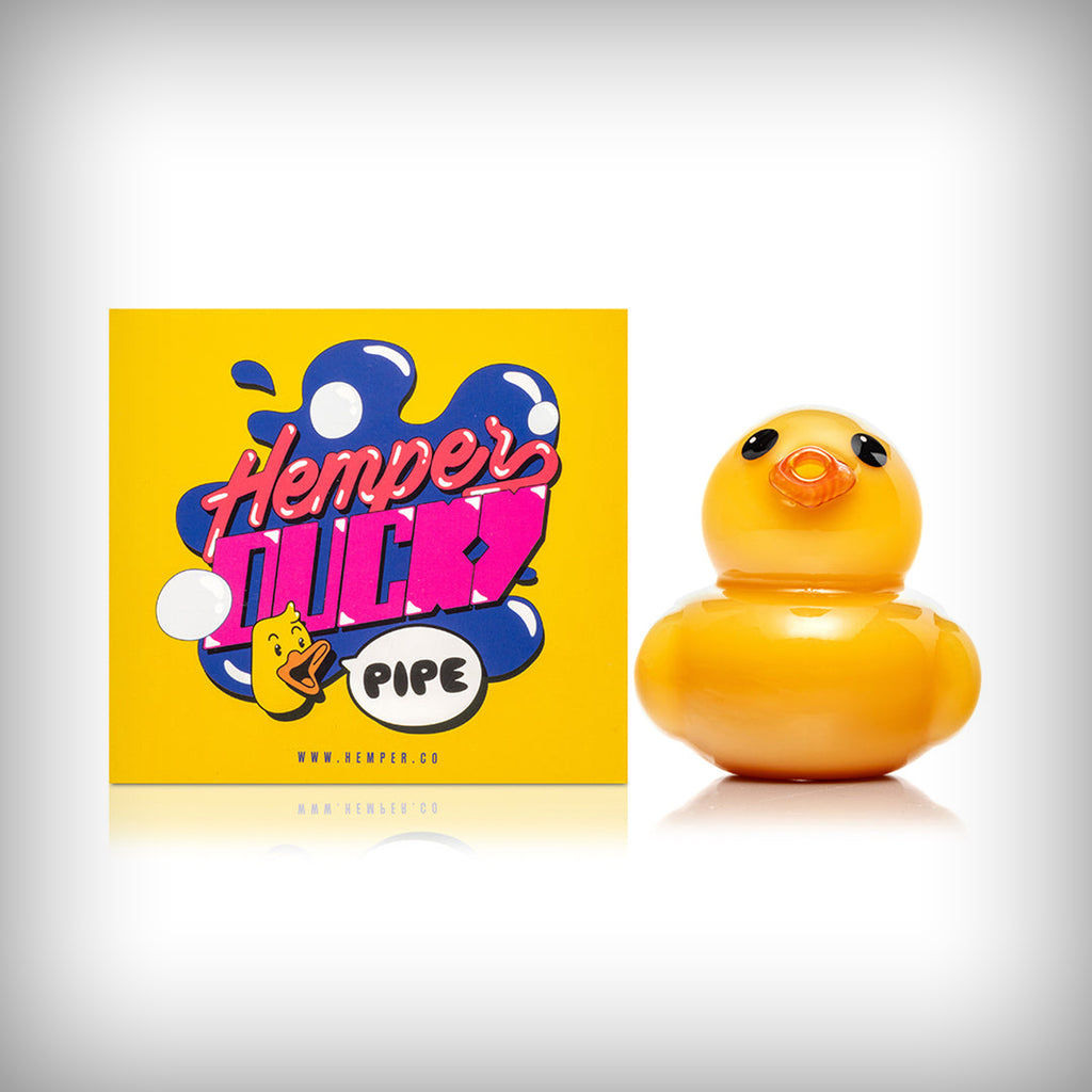 HEMPER Ducky Hand Pipe displayed beside its branded packaging