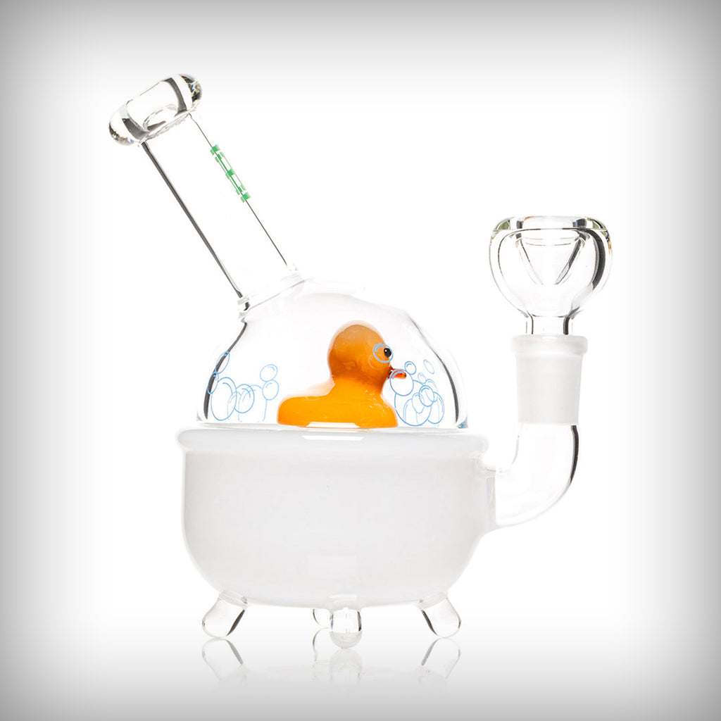 HEMPER Ducky glass water pipe angled view with yellow duck and 14mm bowl