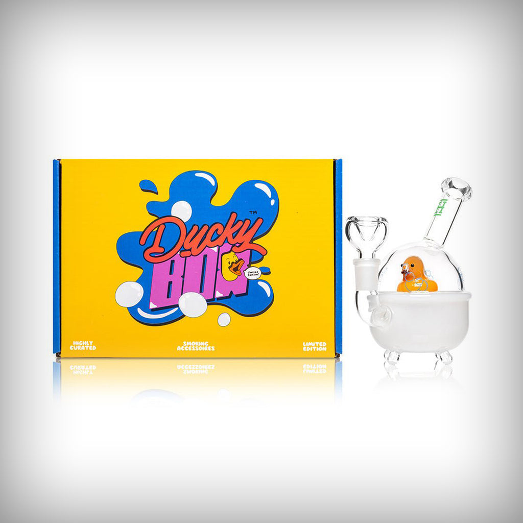 HEMPER Ducky water pipe displayed beside its yellow product packaging