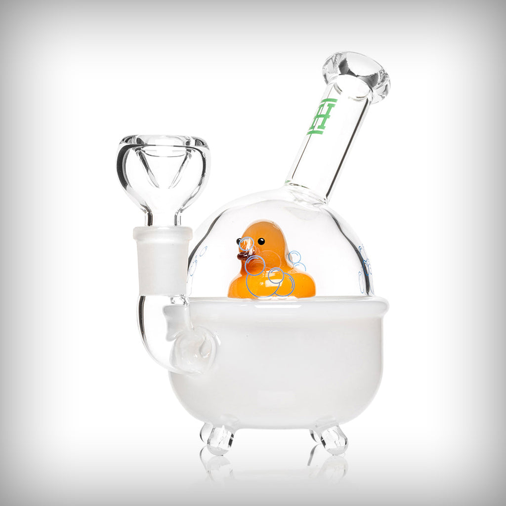 HEMPER Ducky water pipe three-quarter view with yellow duck design and glass bowl
