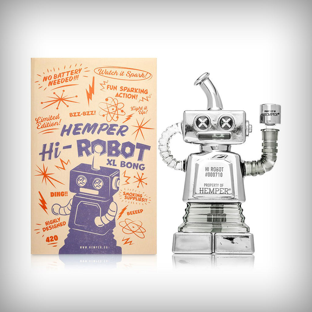 HEMPER Hi-Robot XL Recycler glass water pipe displayed beside branded retail packaging