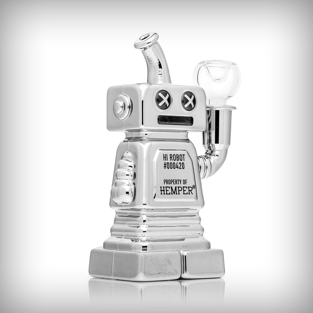 HEMPER Hi-Robot glass water pipe angled view showing robot body and 14mm bowl