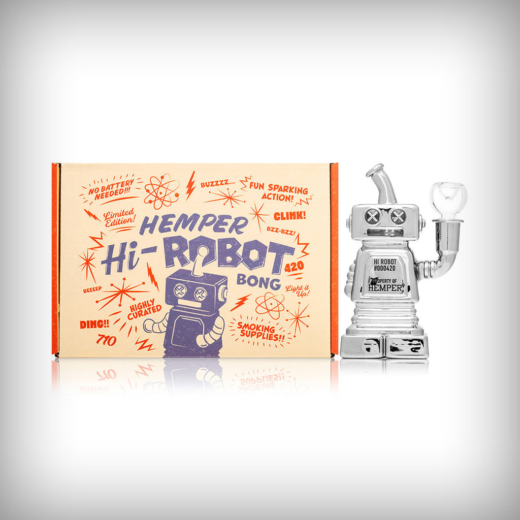 HEMPER Hi-Robot glass water pipe displayed beside branded retail packaging