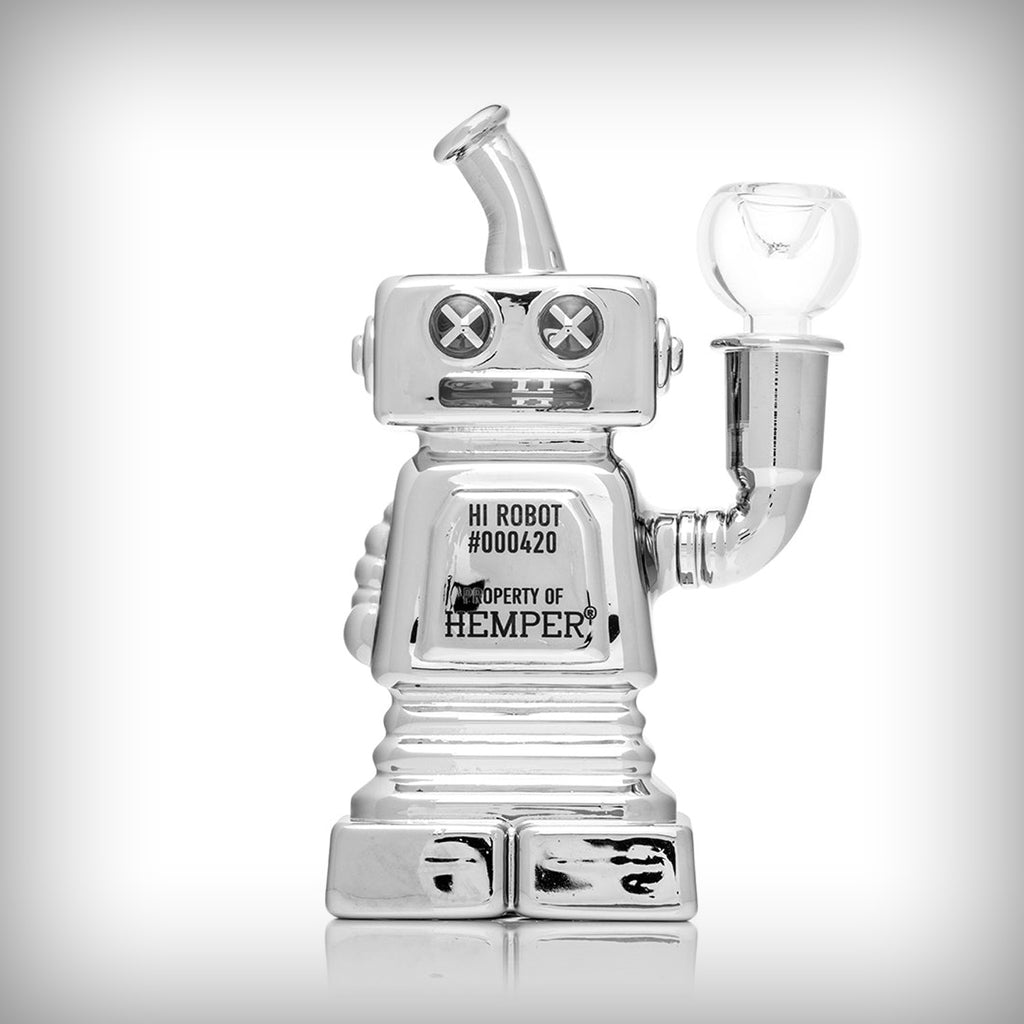 HEMPER Hi-Robot glass water pipe front view with chrome finish and 14mm bowl