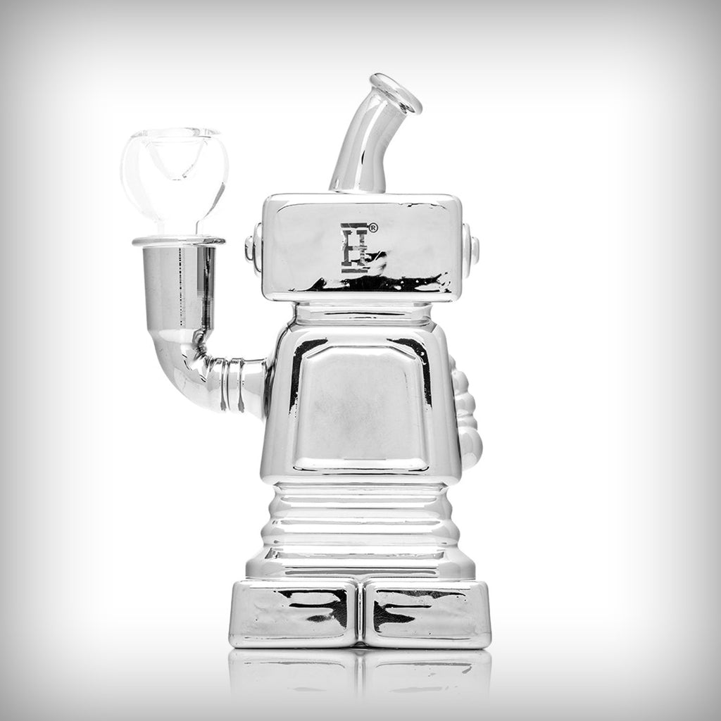 HEMPER Hi-Robot glass water pipe rear view with chrome robot-shaped body