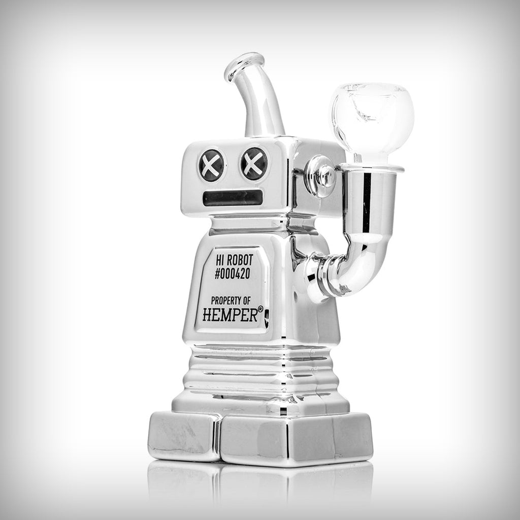 HEMPER Hi-Robot glass water pipe three-quarter view with chrome finish and included bowl