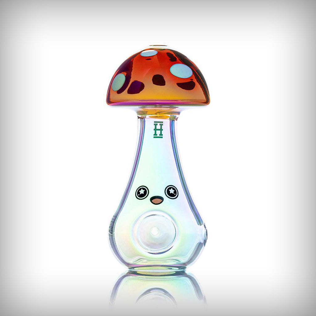 HEMPER Trippy Shroom glass hand pipe showing the side carb opening and mushroom cap