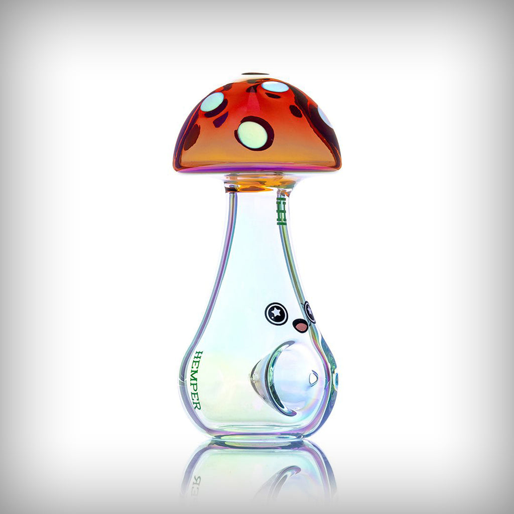 HEMPER Trippy Shroom glass hand pipe with iridescent body and amber spotted mushroom cap smoking weed