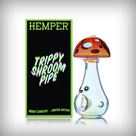 `HEMPER Trippy Shroom hand pipe displayed beside its branded retail box