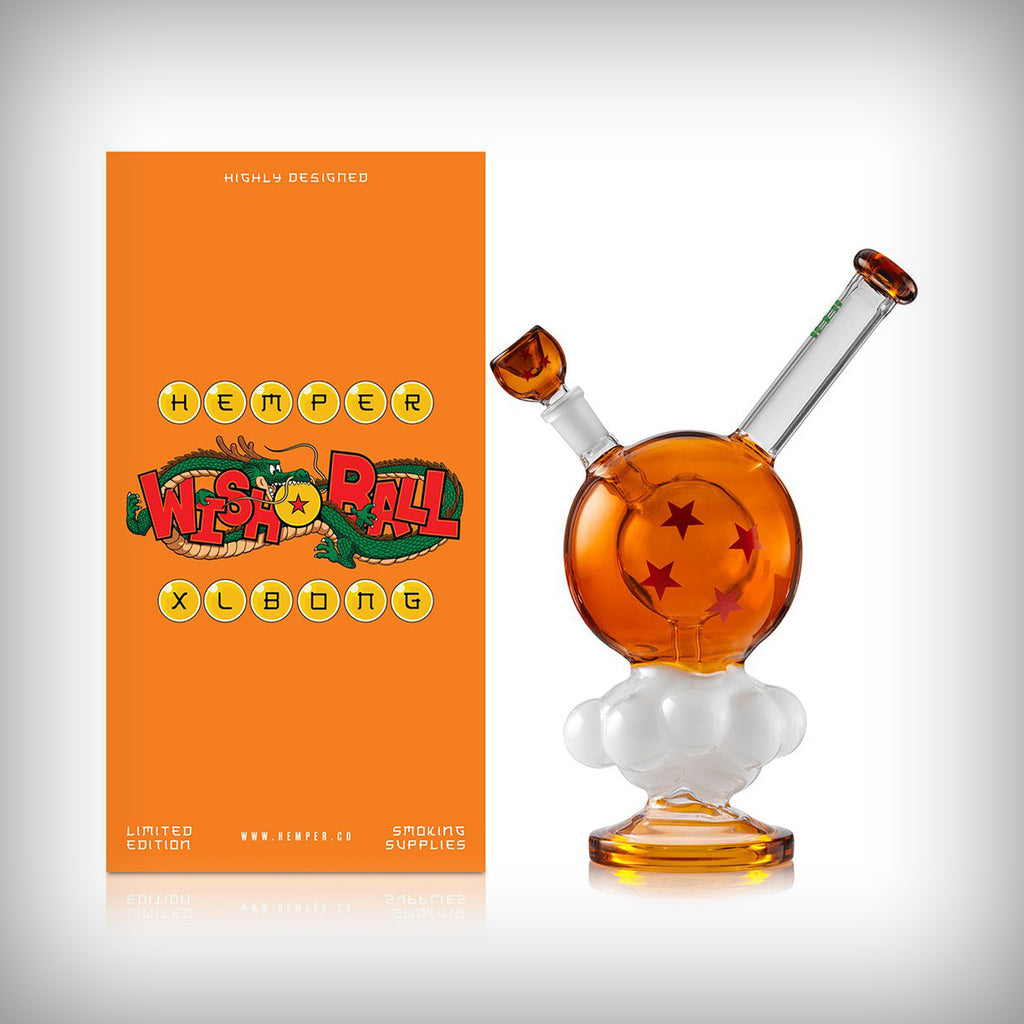 HEMPER Wish Ball XL water pipe displayed beside its orange HEMPER Wish Box packaging